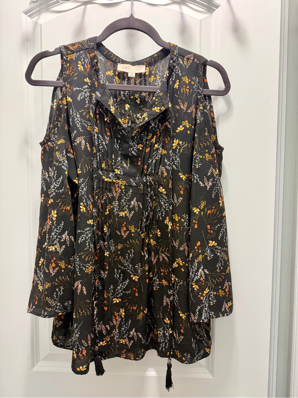 Anthropologie Black Cold-Shoulder Floral Tunic with Tassel Tie